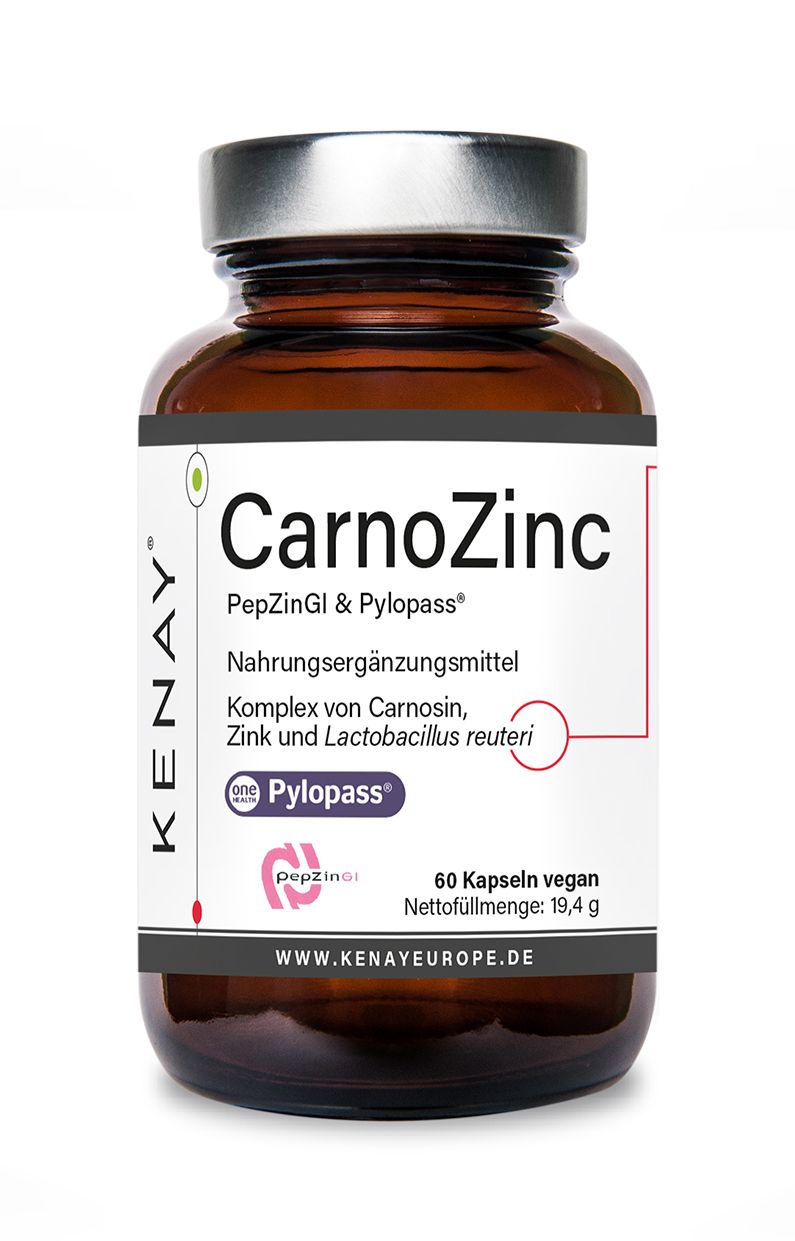Braune Glasflasche mit weißem Etikett. Enthält CarnoZinc PepZinGI & Pylopass. 60 vegane Kapseln. Kenay Logo.