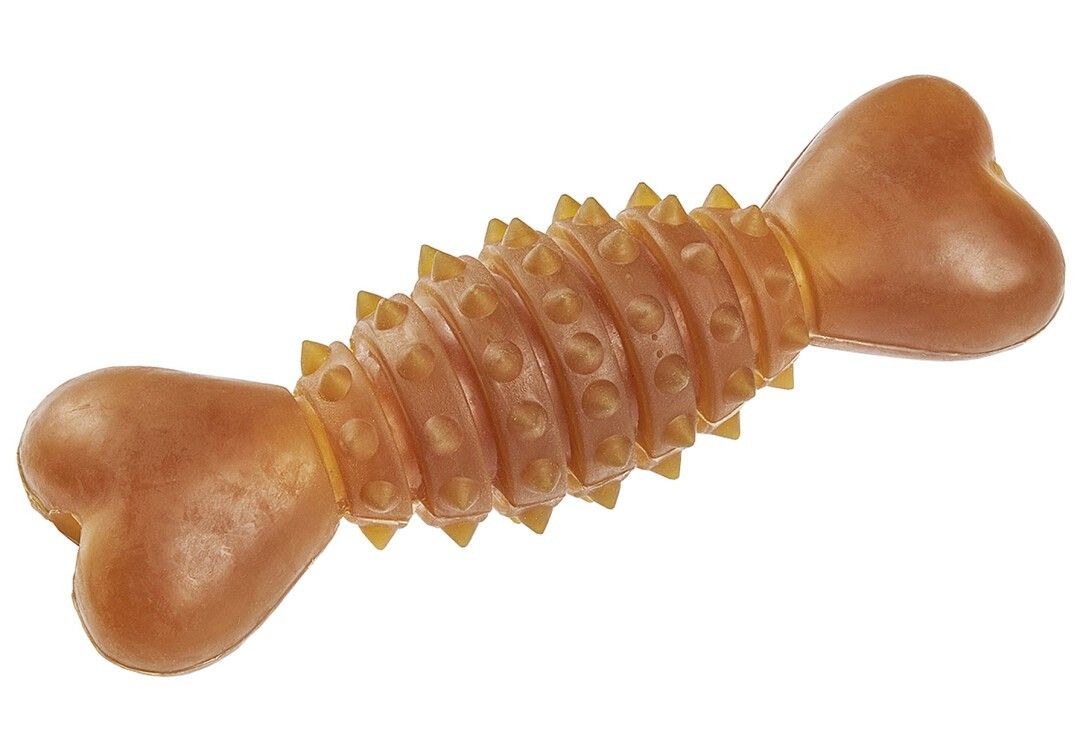 Zahnpflege-Kauspielzeug in Knochenform. Braunes, strukturiertes Material mit Noppen. Herzförmige Enden.