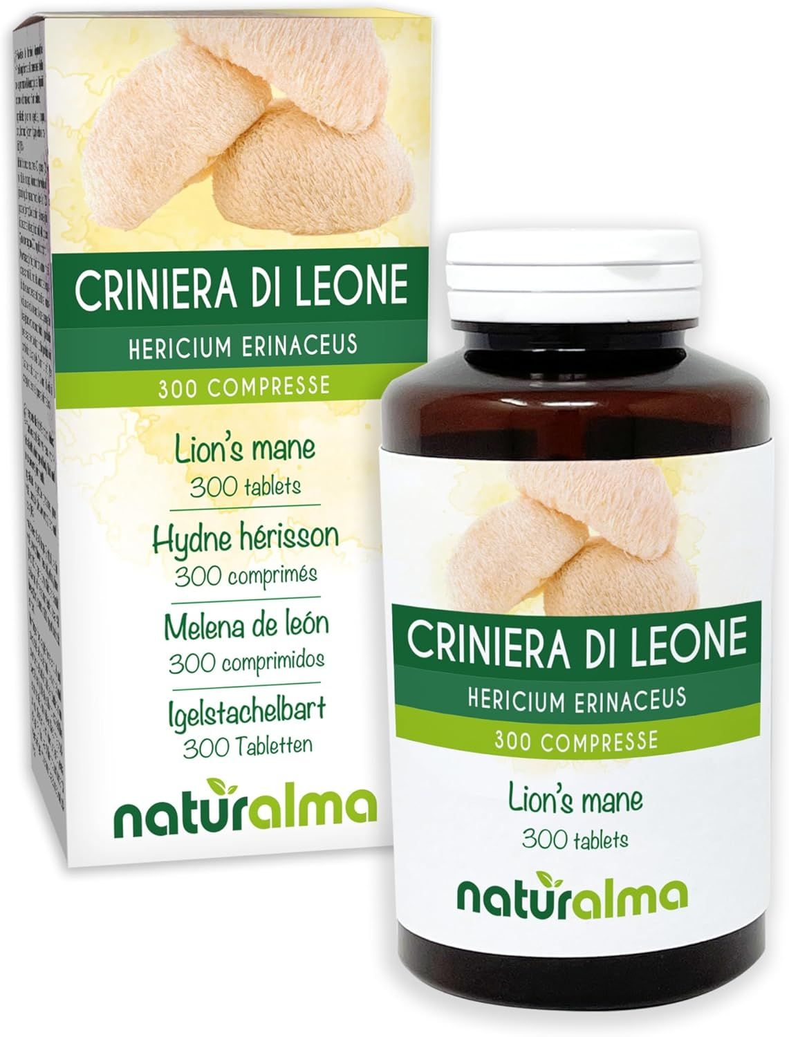 Produktverpackung und Flasche. Text: Criniera di Leone, 300 Tabletten. Naturalma Logo. Igelstachelbart Tabletten.