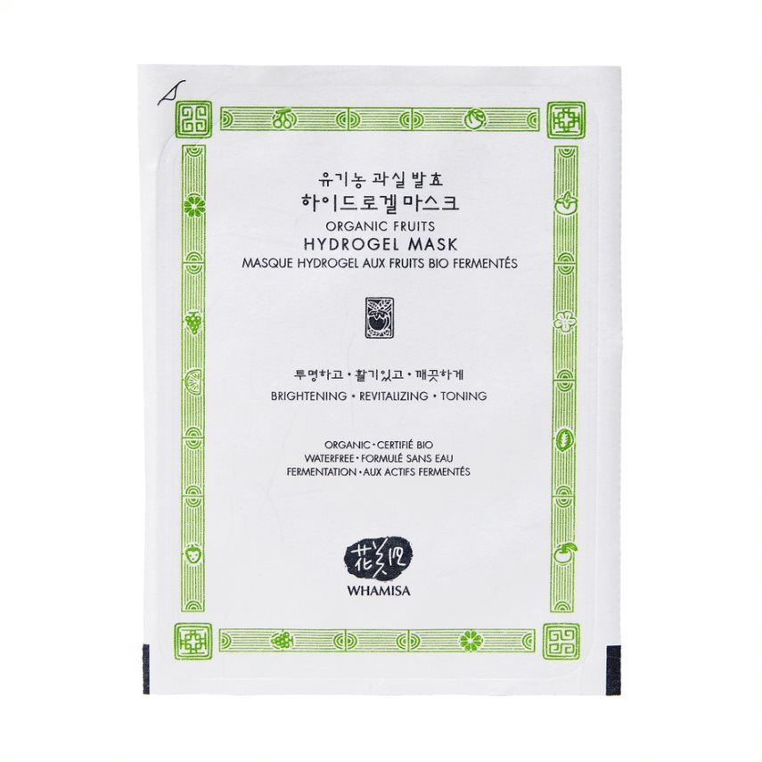 Weiße Verpackung mit grünem Rahmen. Text: Organic Fruits Hydrogel Mask. Marke: WHAMISA. Zertifizierung: Organic-Certifié Bio.