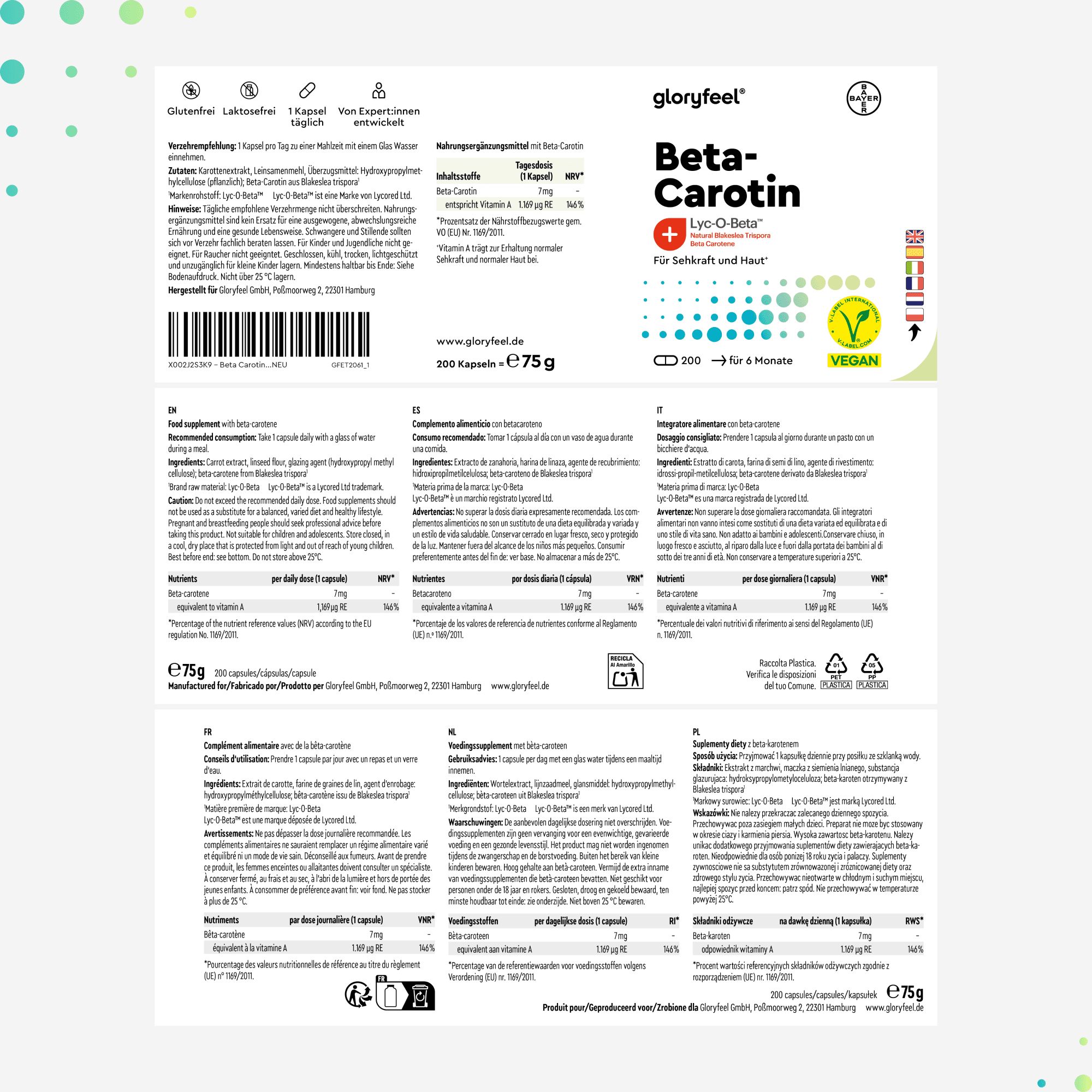 Etikett mit Text in mehreren Sprachen. Aufschrift: gloryfeel Beta-Carotin. Vegan-Siegel. Nährwertangaben, Inhaltsstoffe, Anwendung.