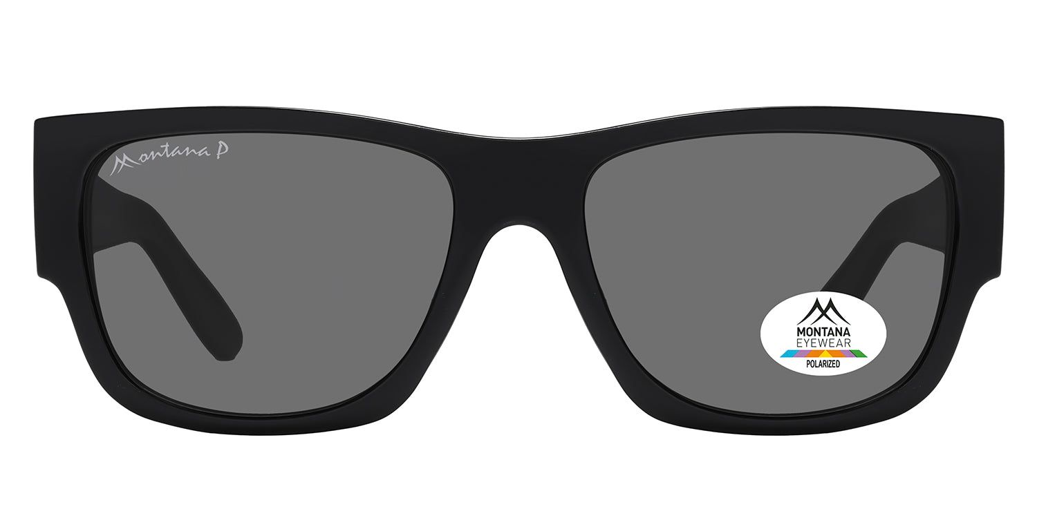 Schwarze Sonnenbrille mit grauen Gläsern. Montana Eyewear Logo und Polarized-Aufkleber. Rechteckige Form.