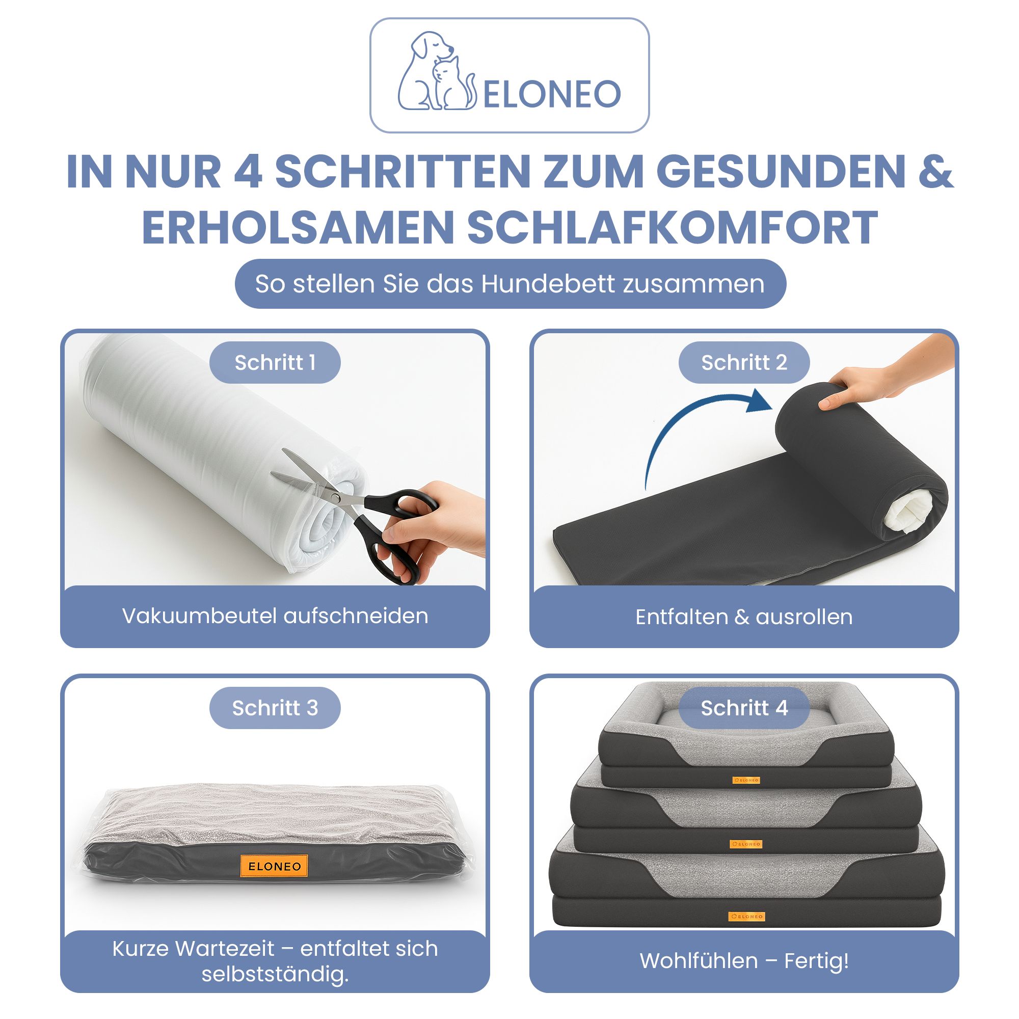 Anleitung zum Aufbau des Hundebetts in 4 Schritten. Vakuumbeutel öffnen, ausrollen, warten, fertig.