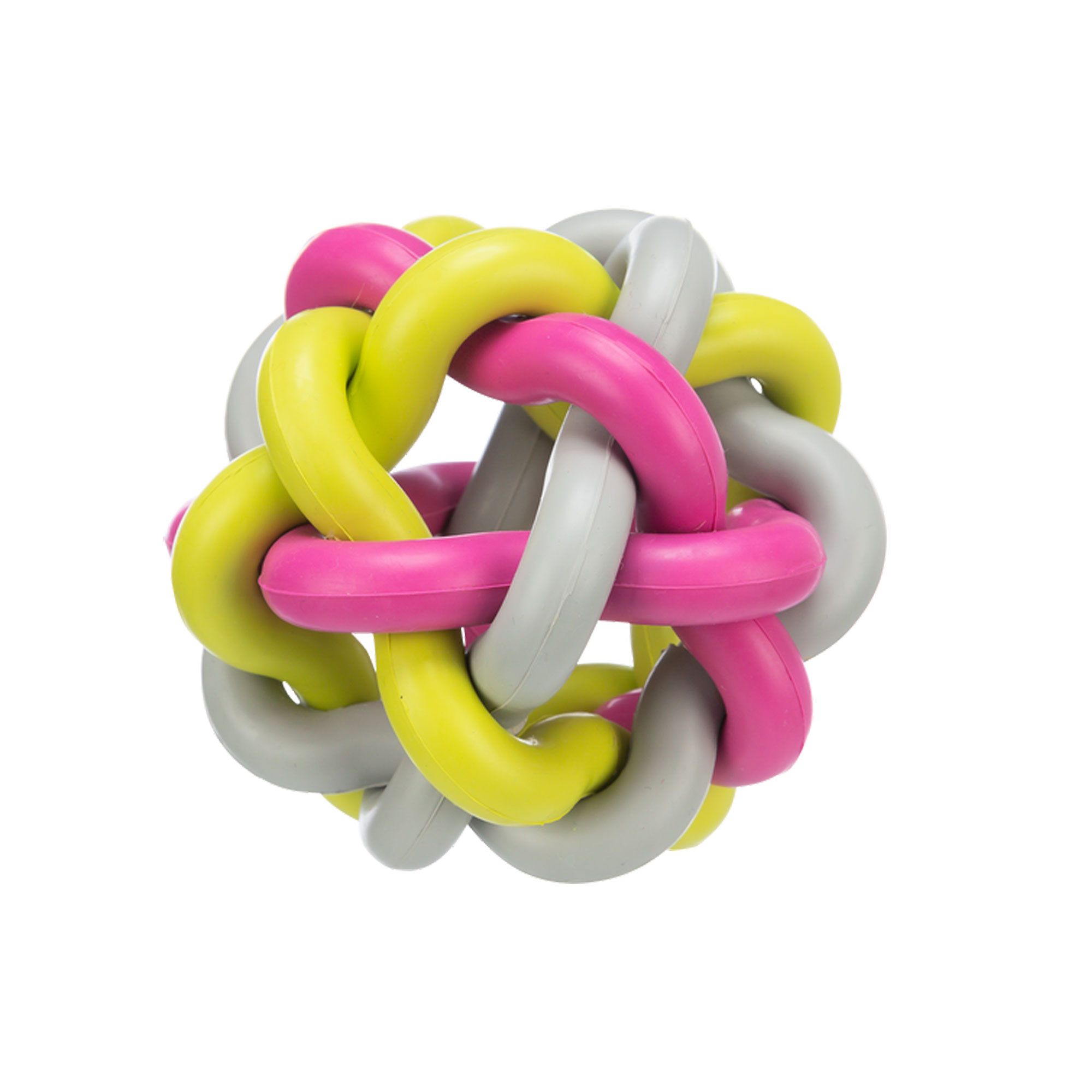 Knotenball für Hunde. Mehrfarbiger Ball aus ineinandergreifenden, ringförmigen Elementen in Grau, Pink und Gelb. Auf weißem Hintergrund.