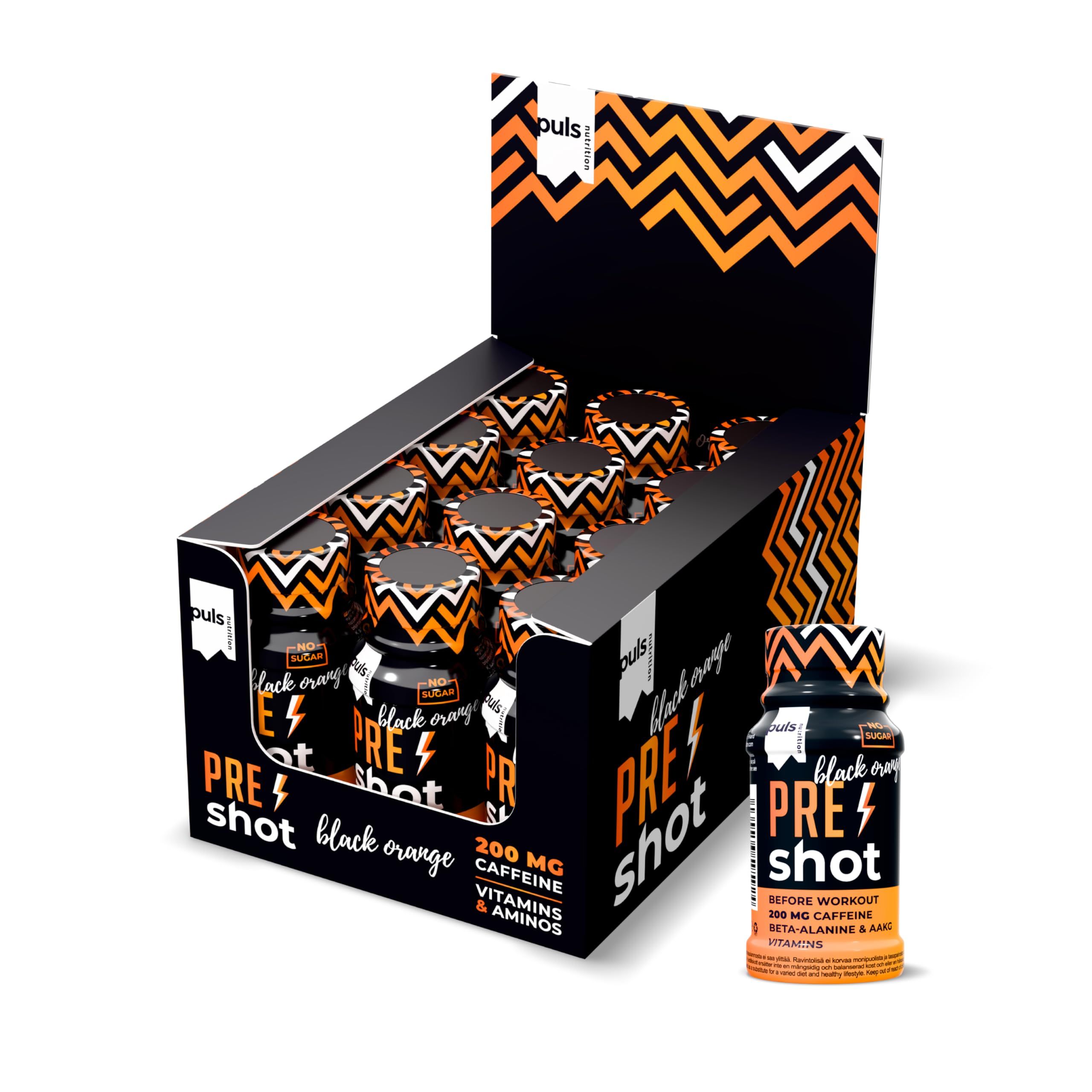 Verpackung mit 12 Flaschen Puls Nutrition Pre Workout Shot Black Orange.
