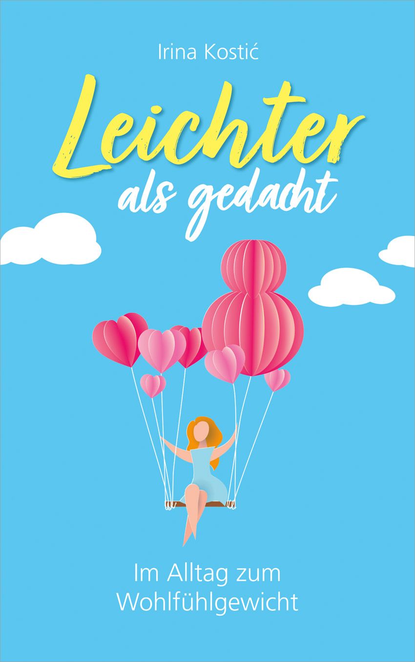 Buchcover mit Titel "Leichter als gedacht" in gelber Schrift. Eine Frau auf einer Schaukel, gehalten von rosa Herzballons, vor blauem Hintergrund.