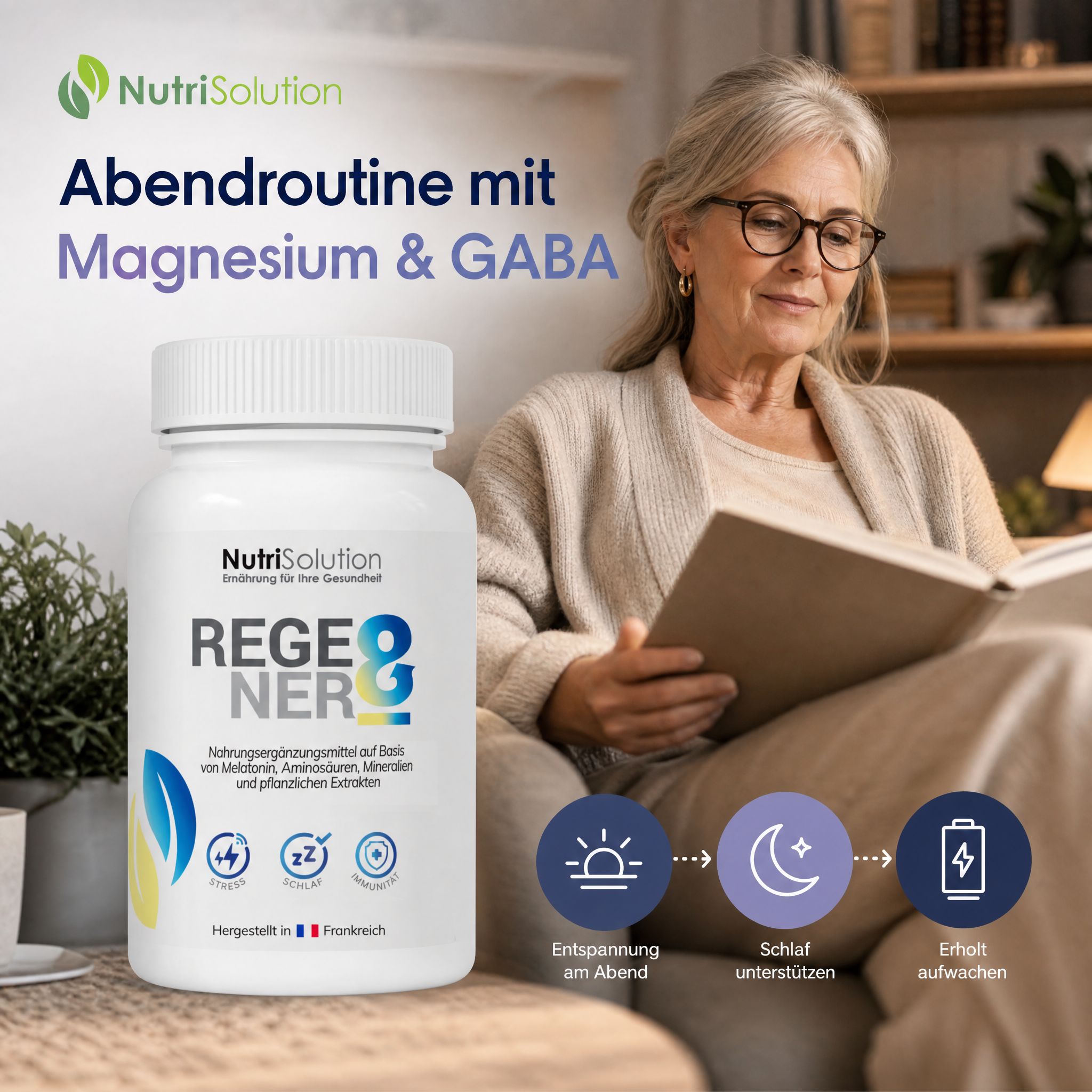 NutriSolution Regener-8 Flasche neben einer lesenden Frau.