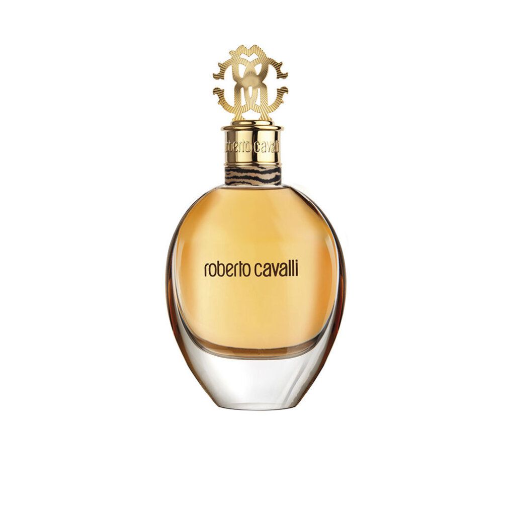 Roberto Cavalli Eau de Parfum Flakon. Goldfarbenes Design.