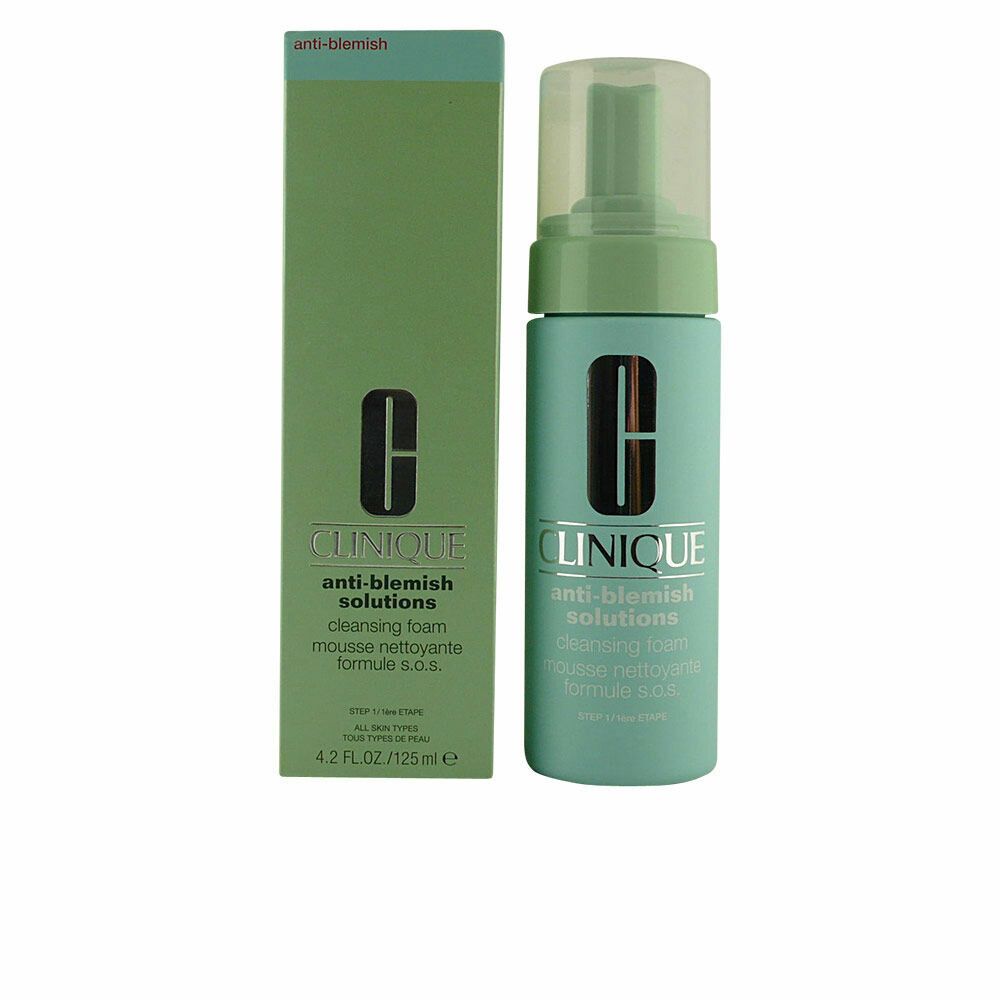 CLINIQUE Anti-Blemish Solutions Reinigungsschaum, Flasche und Verpackung. Hellgrüne Flasche mit grünem Pumpkopf.