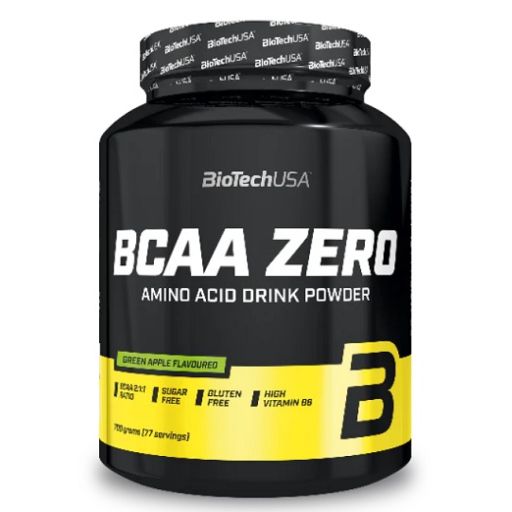 Schwarze Dose mit weißer Aufschrift BCAA ZERO. Gelber Streifen mit Text. Marke BiotechUSA.