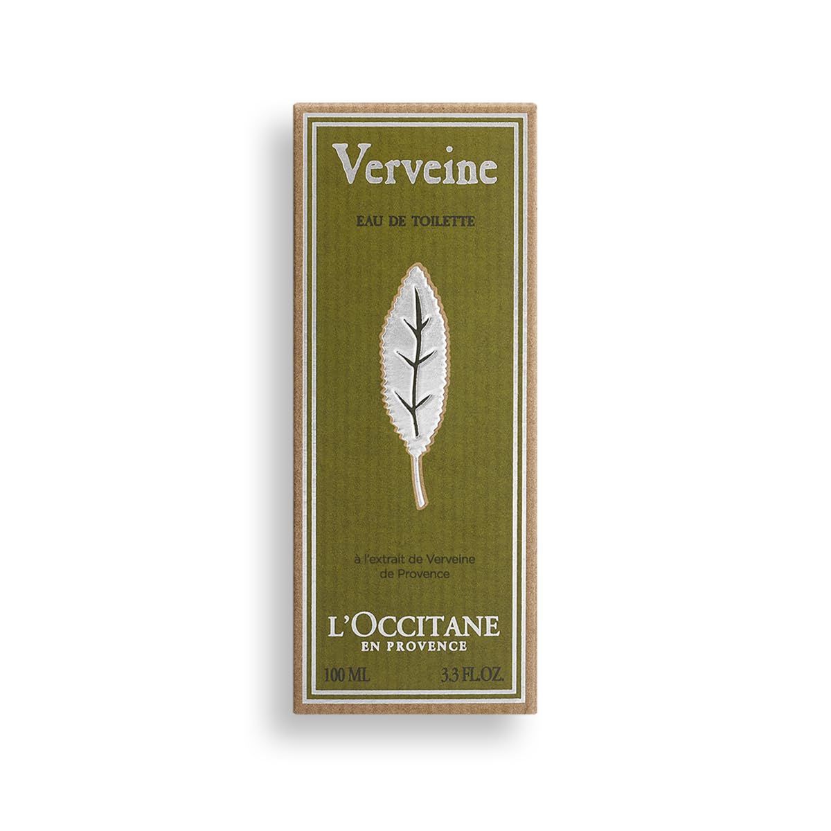 L'Occitane Verbene Eau de Toilette Kartonverpackung mit Blattmotiv.