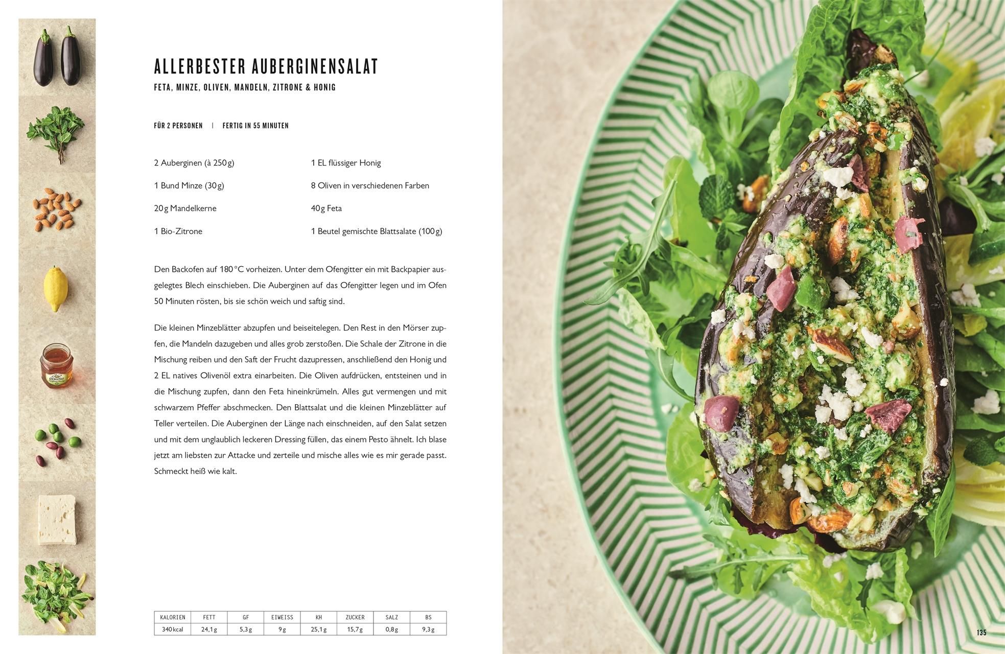 Kochbuchseite mit Rezept "Allerbester Auberginensalat". Aubergine auf Teller mit Salat. Zutaten links.