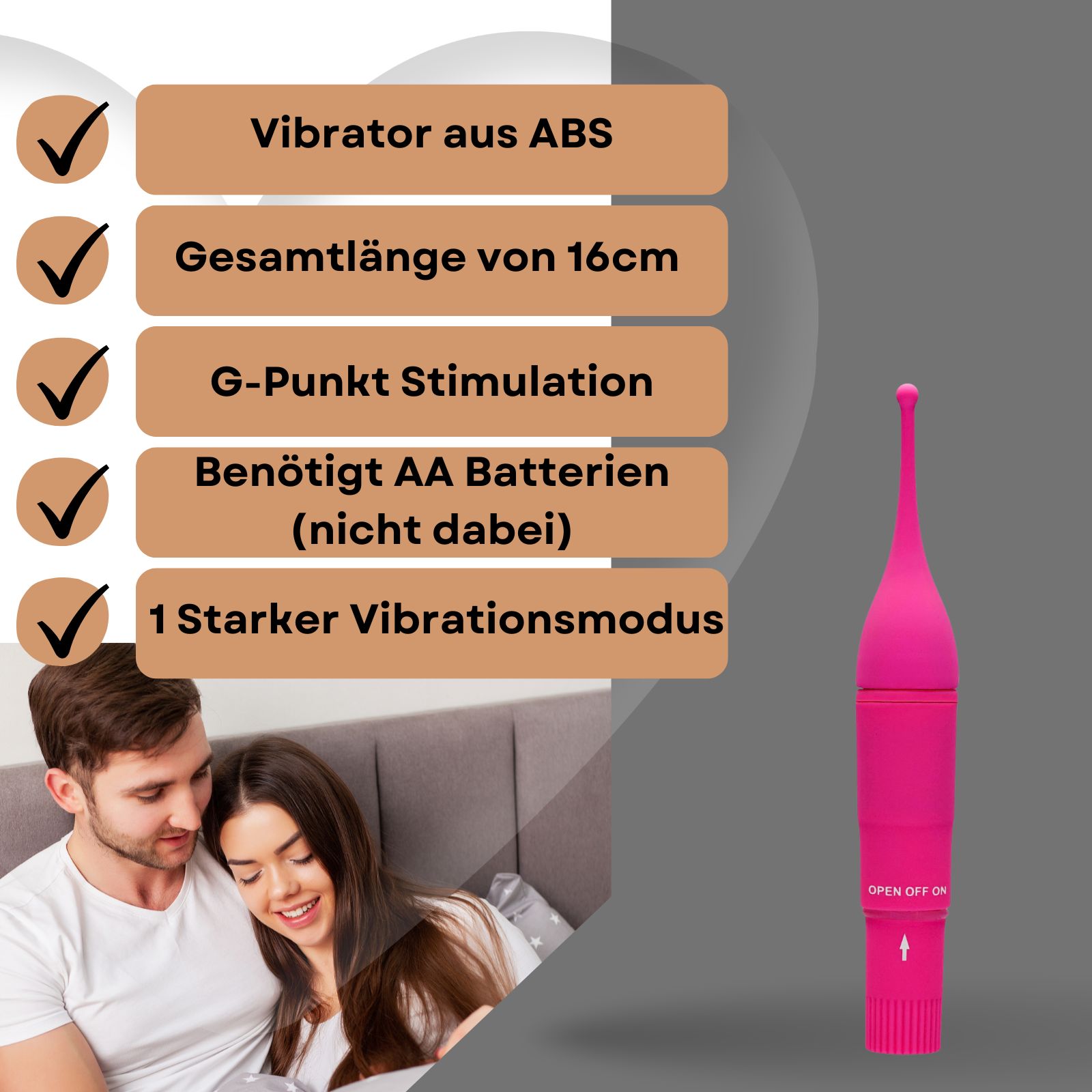 Rosa Vibrator neben Text: Vibrator aus ABS, Gesamtlänge von 16cm, G-Punkt Stimulation, Benötigt AA Batterien, 1 starker Vibrationsmodus.