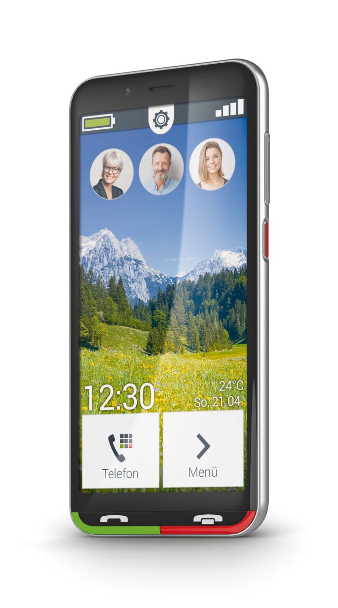 Smartphone mit Touchdisplay. Auf dem Bildschirm: Kontakte, Uhrzeit, Datum und Menü-Icons. Grün-roter Rahmen.