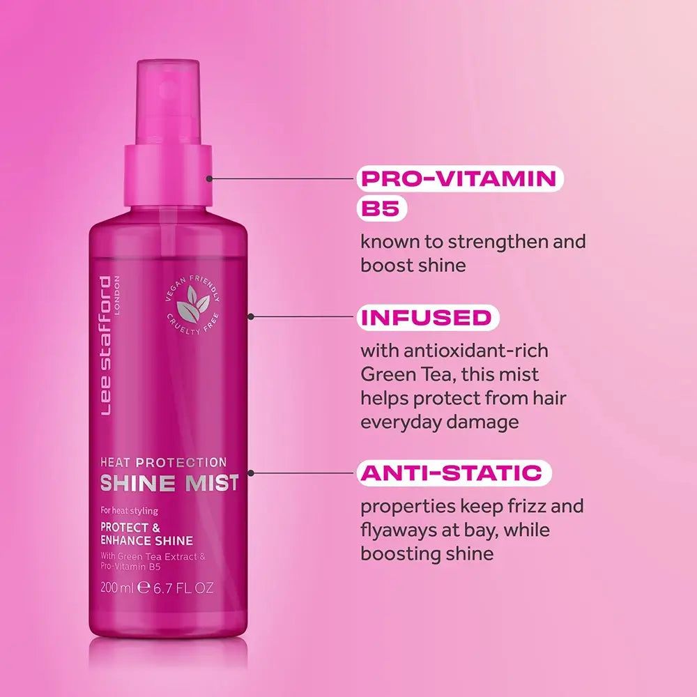 Pinkfarbene Sprühflasche mit Lee Stafford Heat Protection Shine Mist. Enthält Pro-Vitamin B5 und Grüntee-Extrakt.