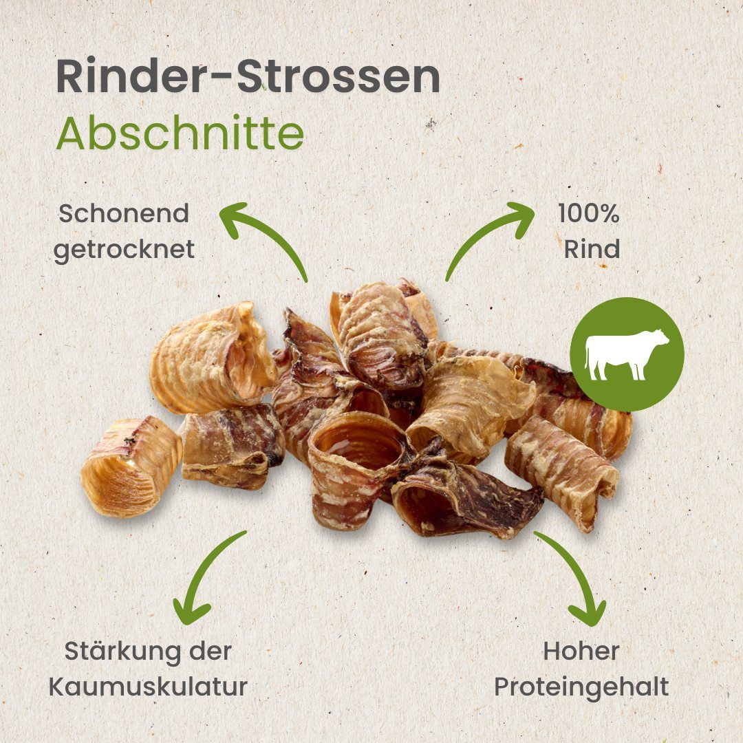 Getrocknete Rinder-Strossen Abschnitte, ca. 2-9 cm, 9-12g, mittelfest, langer Kauspaß.