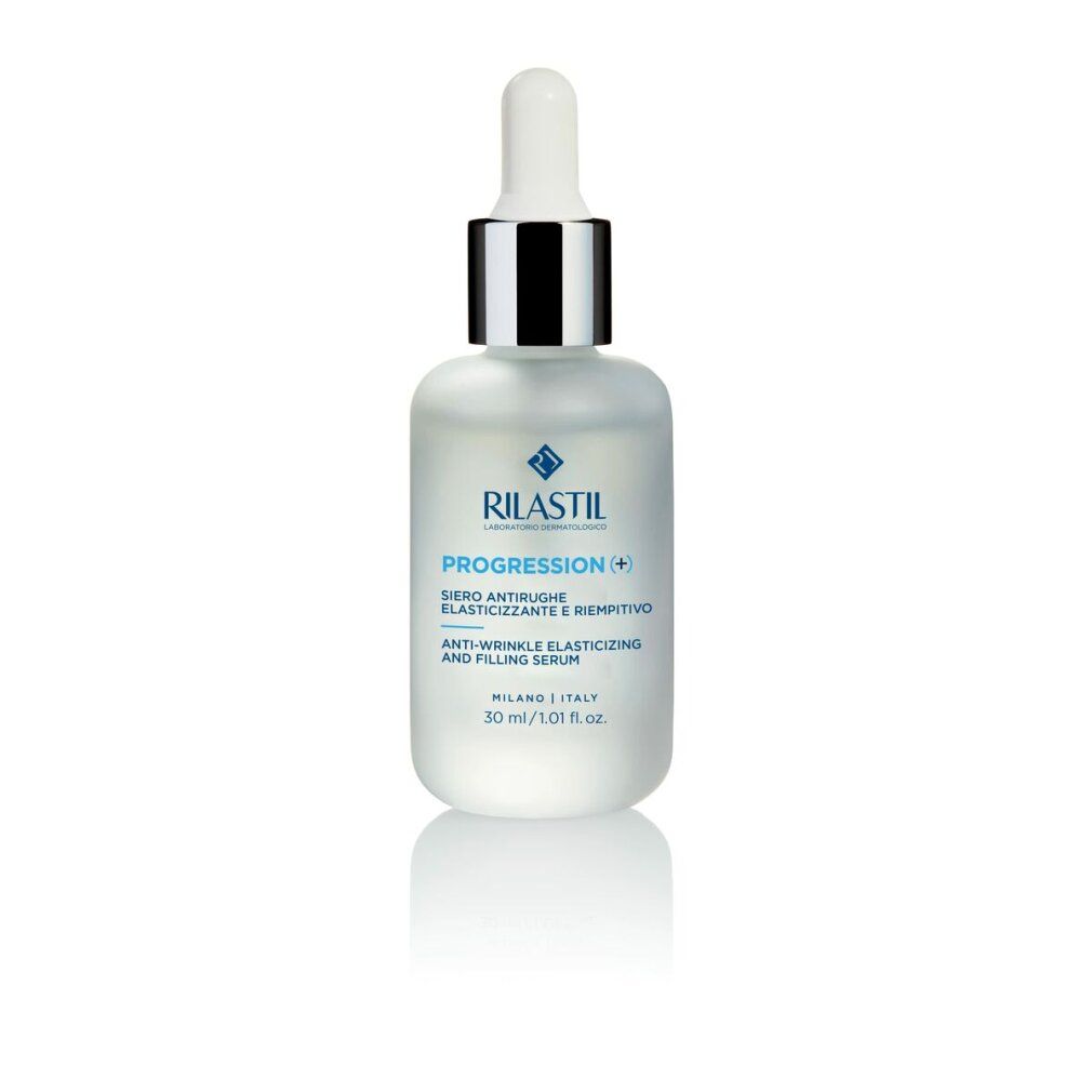 Serumflasche mit Pipette. Aufschrift: Rilastil Progression (+), Anti-Wrinkle Elasticizing and Filling Serum. 30 ml.