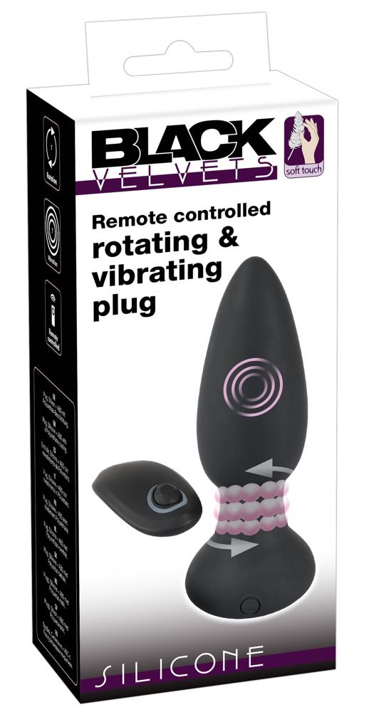 Verpackung mit schwarzem Analplug und Fernbedienung. Produktname, Logo und Produktmerkmale sind sichtbar.