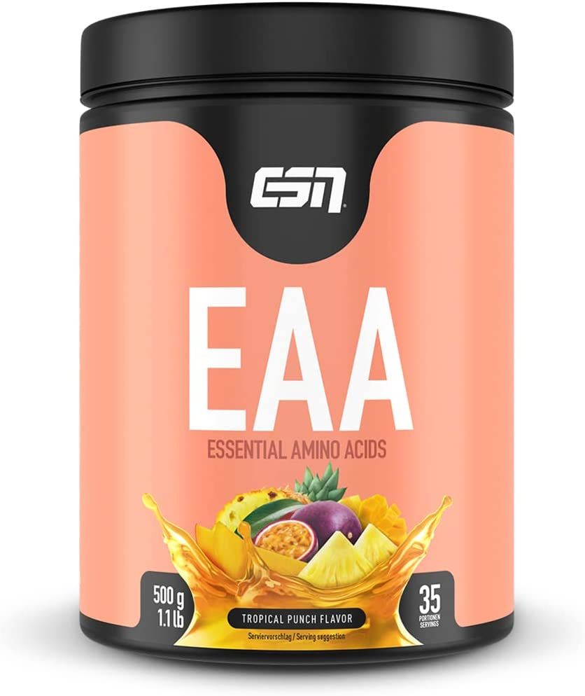 ESN EAA Dose. Rosa Dose mit schwarzem Deckel. Aufschrift EAA, Tropical Punch. 500g, 35 Portionen. Früchte-Illustration.