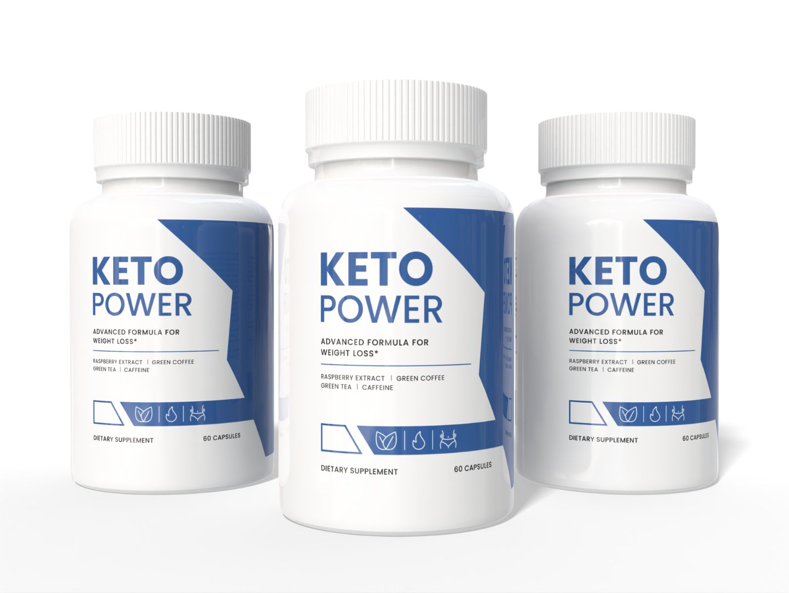 Drei weiße Kapselbehälter für Keto Power, 60 Kapseln pro Behälter.