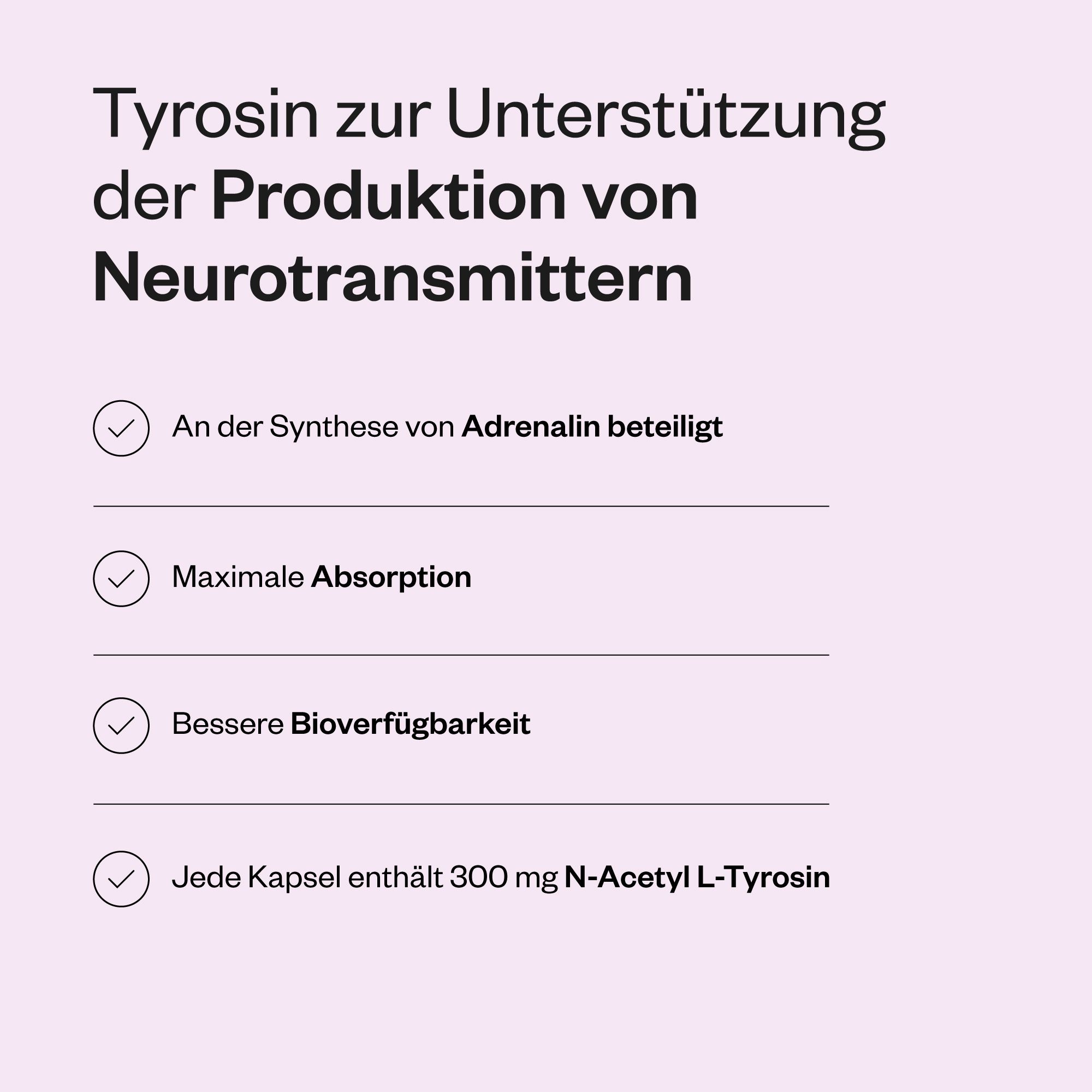 Text mit Aufzählungspunkten. Themen: Neurotransmitter-Produktion, Adrenalinsynthese, maximale Absorption, bessere Bioverfügbarkeit.