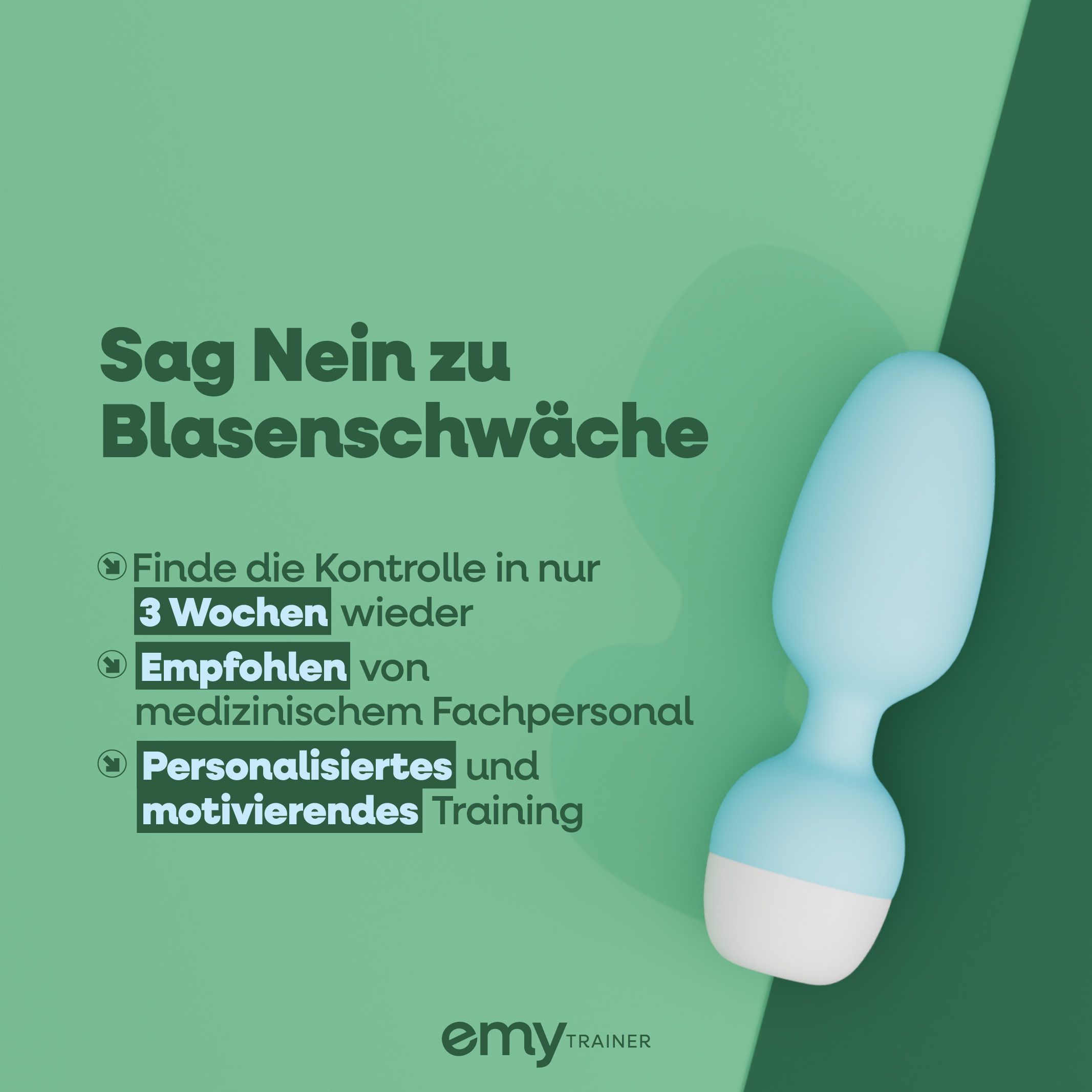 Blau-weißes Beckenbodentrainingsgerät. Text: "Sag Nein zu Blasenschwäche". Weitere Textabschnitte mit Vorteilen des Produkts.