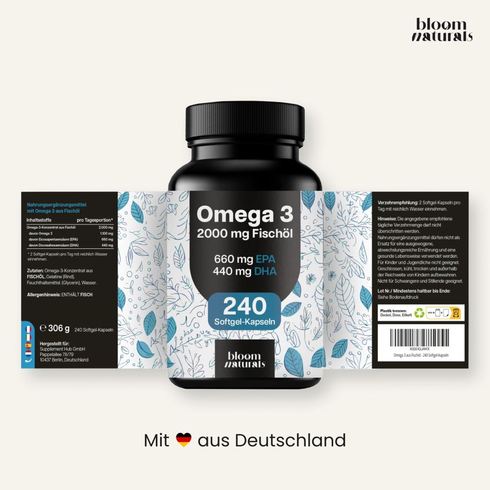 Omega 3 Fischöl Kapseln: 2000 mg, 660 mg EPA, 440 mg DHA. 240 Softgel-Kapseln. Hergestellt in Deutschland.