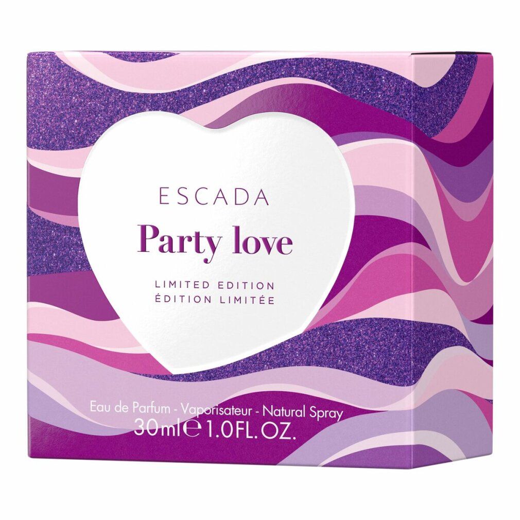 Schachtel mit ESCADA Party Love, Limited Edition. Herzförmiges Design, lila und rosa.
