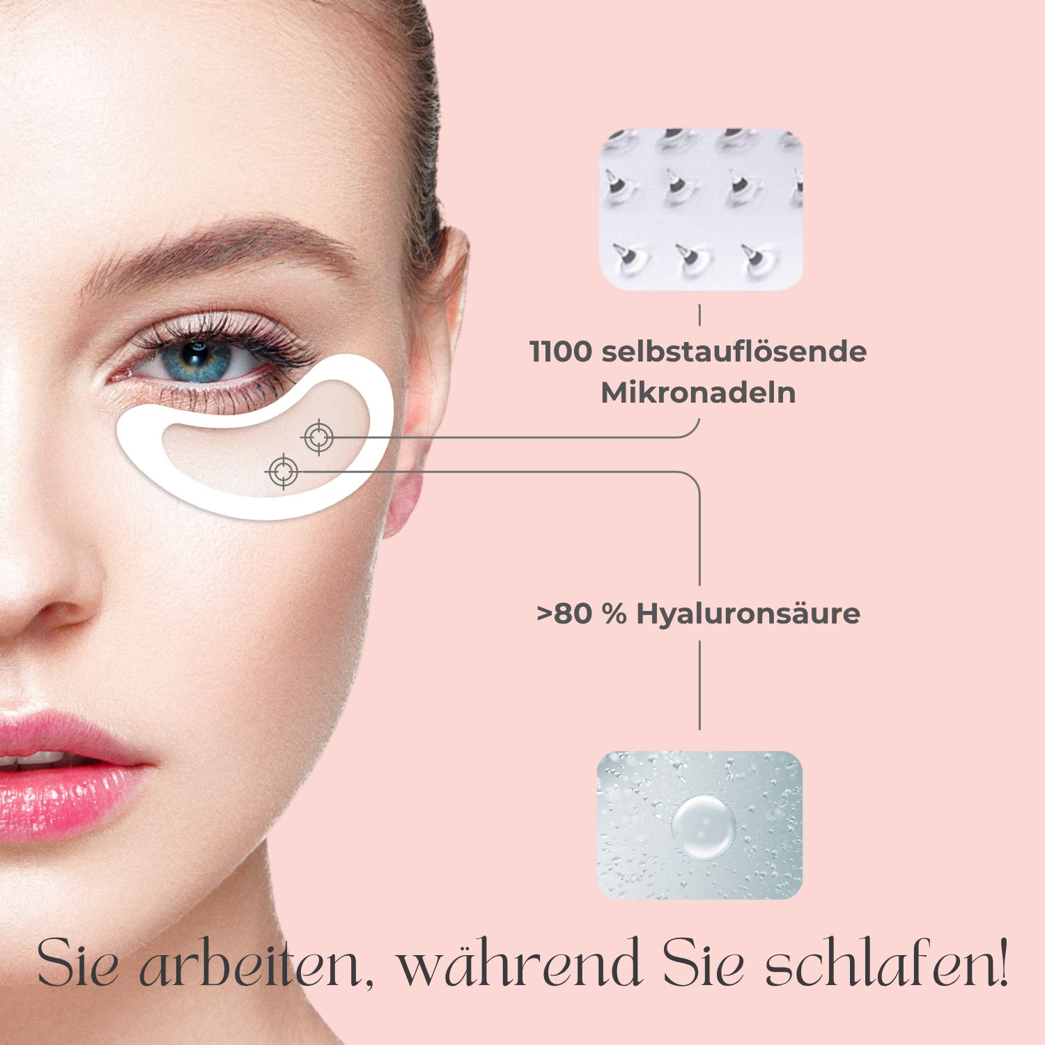 Bild zeigt eine Frau mit Augenpads. Text: 1100 selbstauflösende Mikronadeln. >80% Hyaluronsäure.