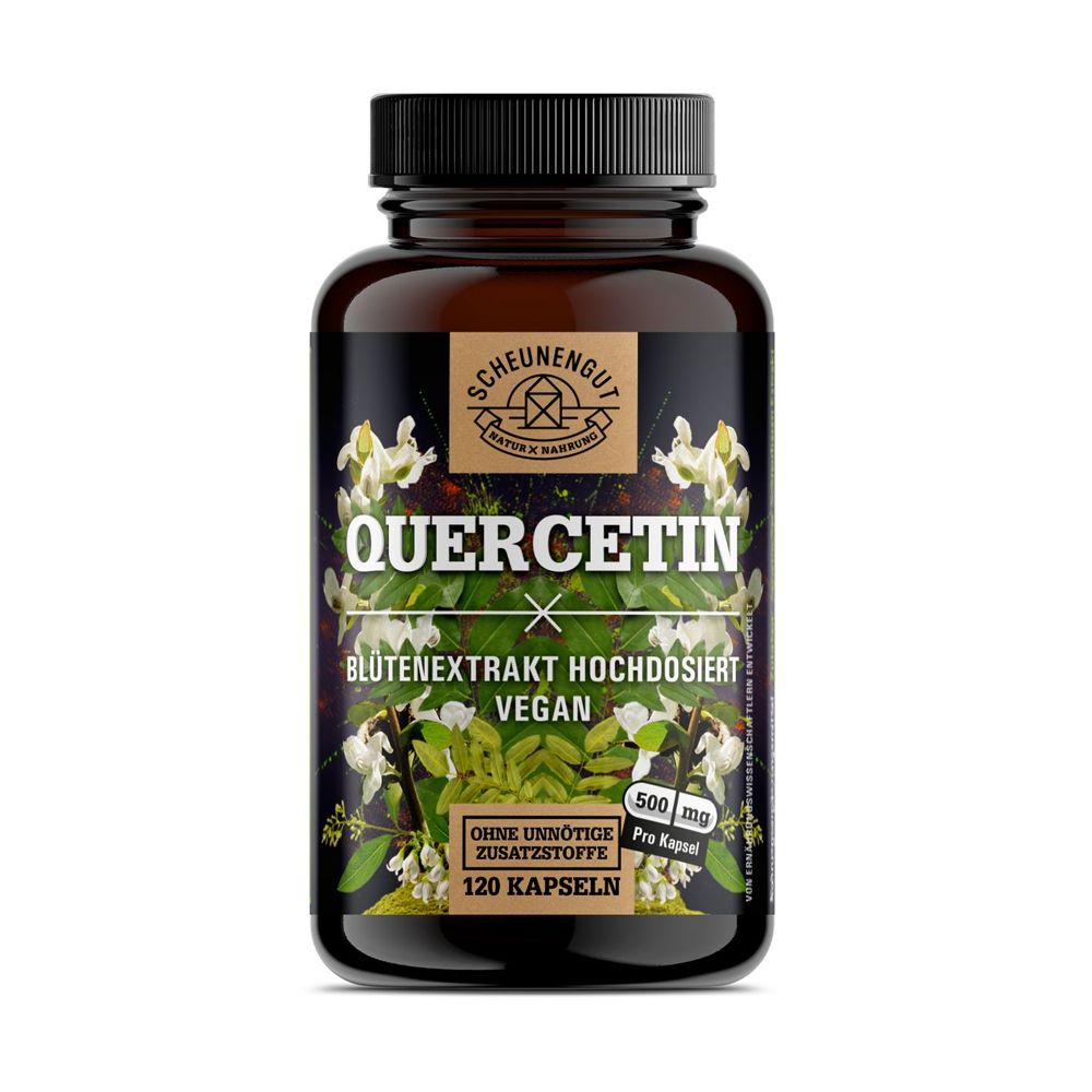 Scheunengut Quercetin Kapseln: Braunglasflasche mit schwarzem Deckel, Etikett zeigt weiße Blüten und Blätter.