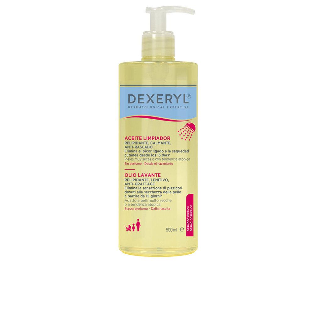 Gelbe Flüssigkeit in einer Flasche mit Dosierpumpe. Aufschrift: DEXERYL, ACEITE LIMPIADOR, OLO LAVANTE. Rosa Etikett mit Text und Symbolen.