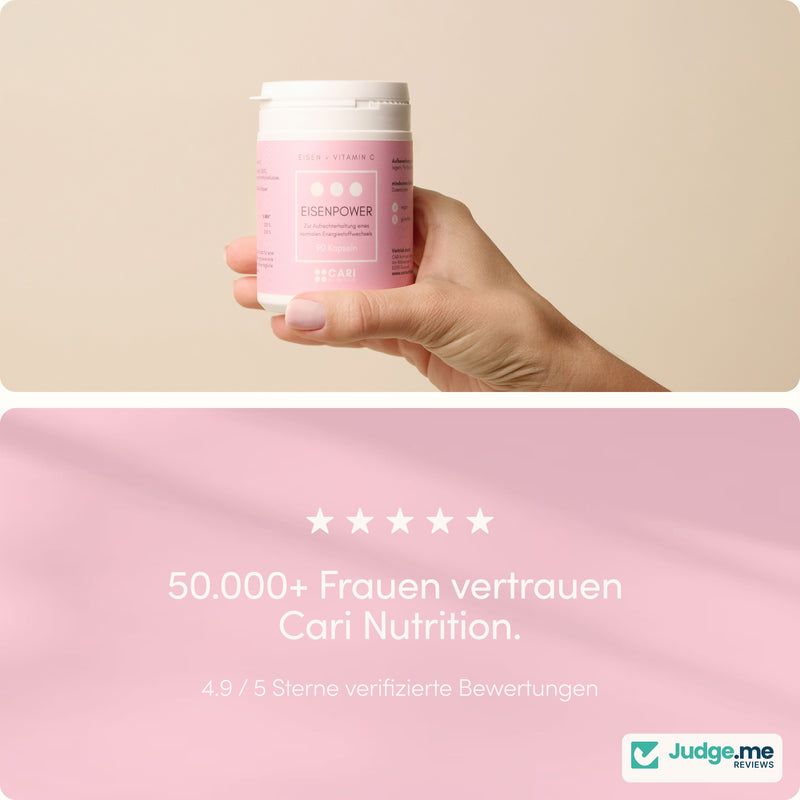 Hand hält eine Dose Eisenpower, 50.000+ Frauen vertrauen Cari Nutrition.