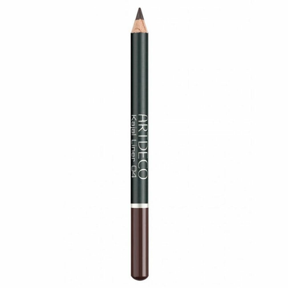 Kajal Liner 04 Forest Brown von Artdeco. Dunkelbrauner Stift mit Holzspitze und braunem Ende. Schwarzer Schaft mit weißer Schrift.