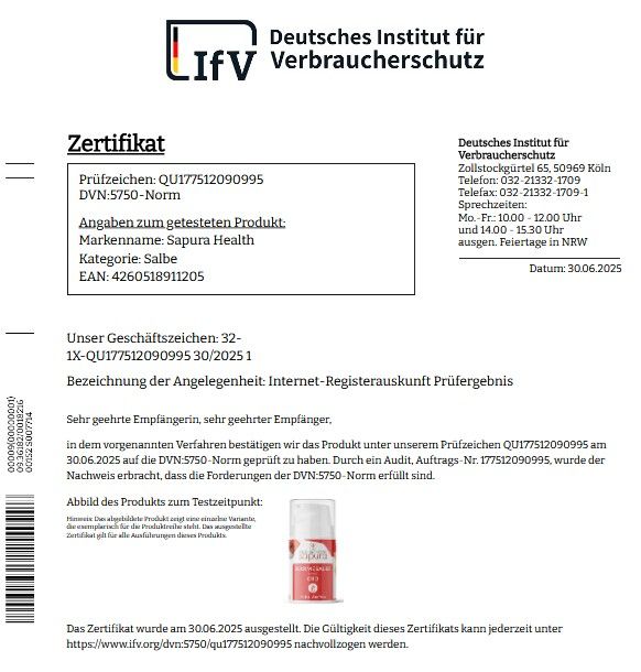 Zertifikat des Deutschen Instituts für Verbraucherschutz. Angaben zum getesteten Produkt: Salbe, Sapura Health.