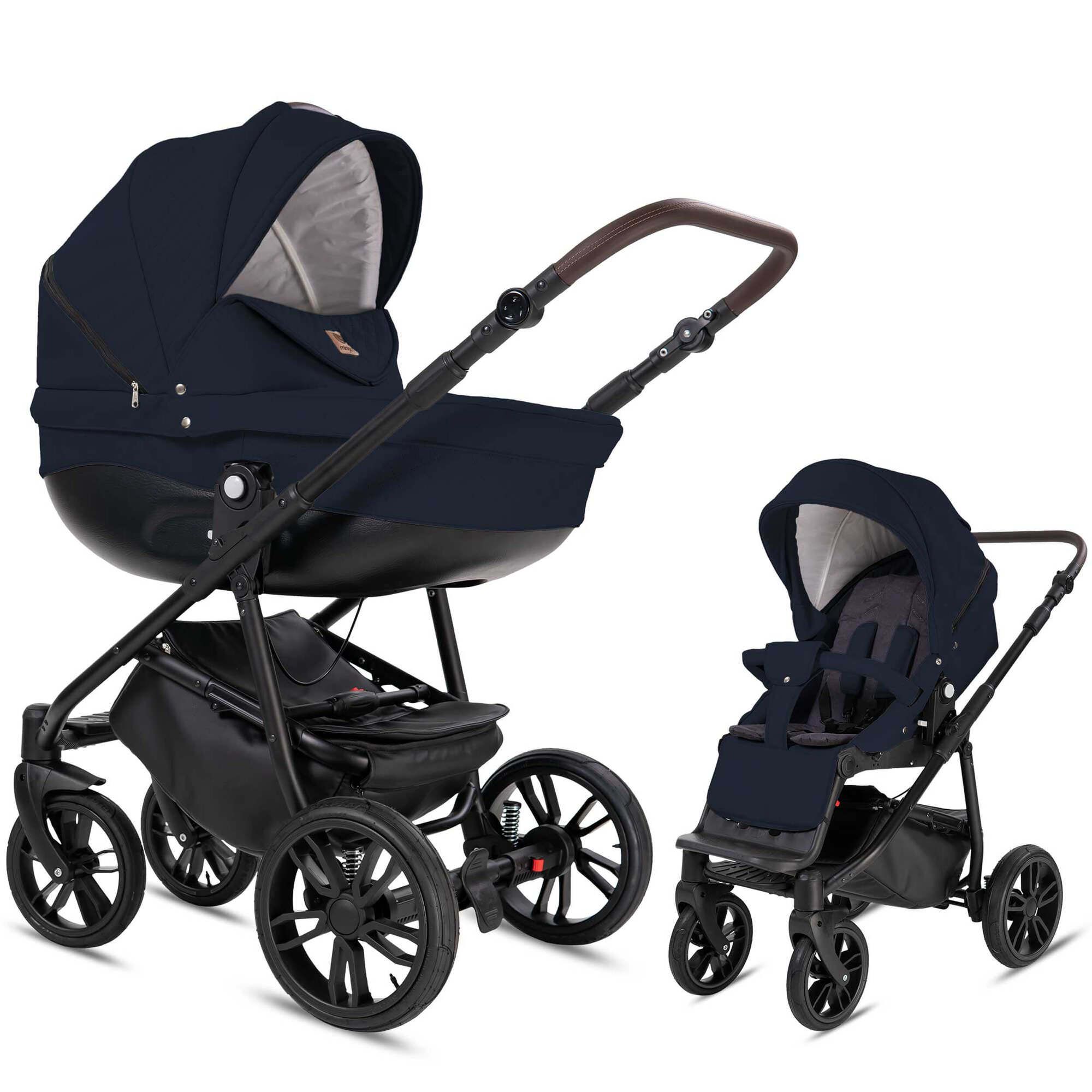 Kombikinderwagen, Marineblau. Zwei Teile: Babywanne und Sportwagenaufsatz. Schwarzes Gestell, brauner Griff, vier Räder.