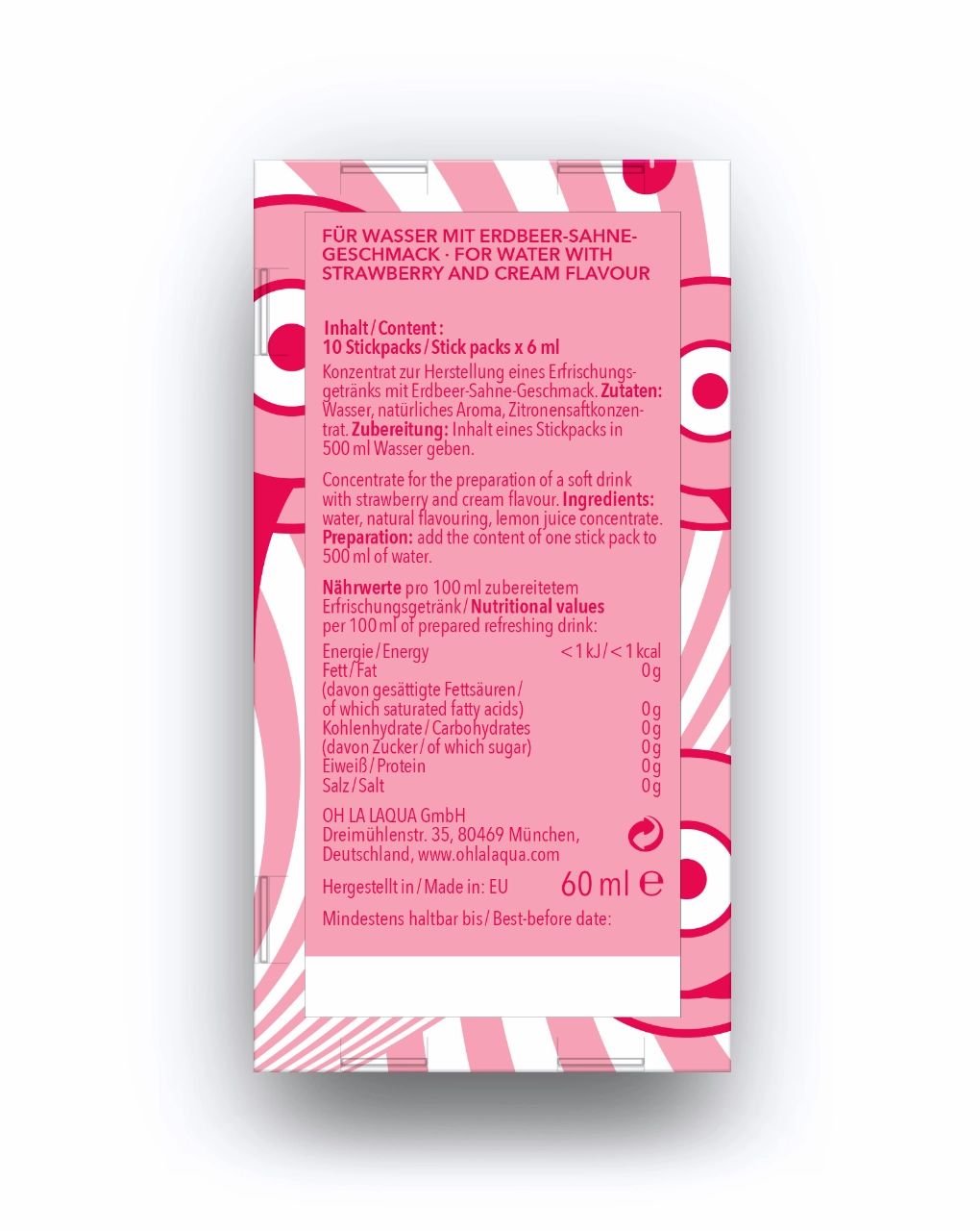 Rückseite der rosa Verpackung. Text: Für Wasser mit Erdbeer-Sahne-Geschmack. Inhaltsangaben, Nährwerte, Herstellerinformationen und Haltbarkeitsdatum.