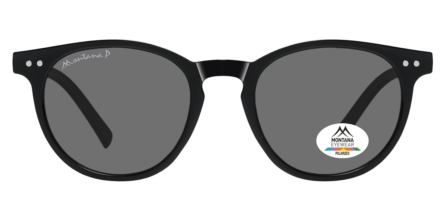 Schwarze Sonnenbrille mit runden Gläsern. Montana Eyewear Logo am Bügel. Polarisiertes Glas. Runde Form.