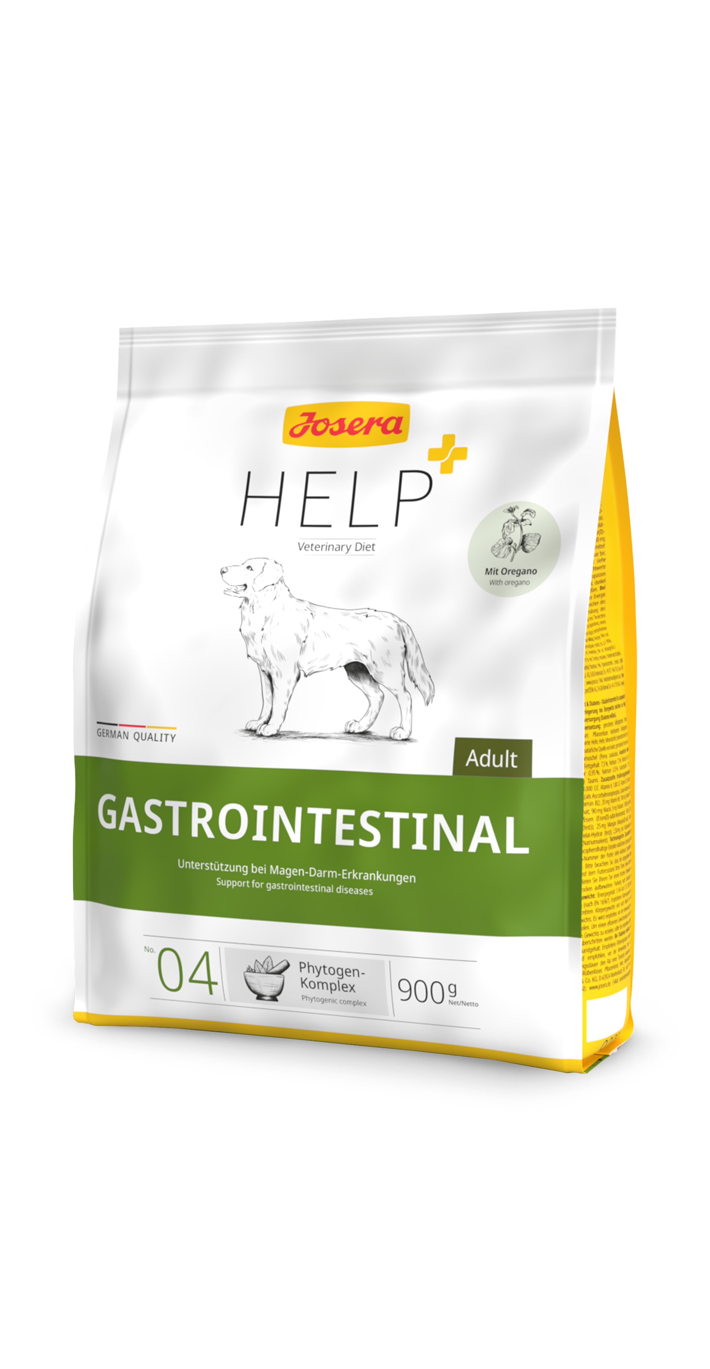 Josera Help Gastrointestinal Adult Hundefutter, 900g Beutel mit Illustration eines Hundes.