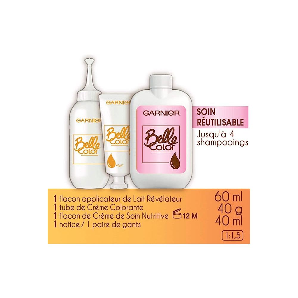 Garnier Belle Color. 3 Flaschen und eine Tube. Enthält: Applikator, Creme, Pflegecreme, Handschuhe.
