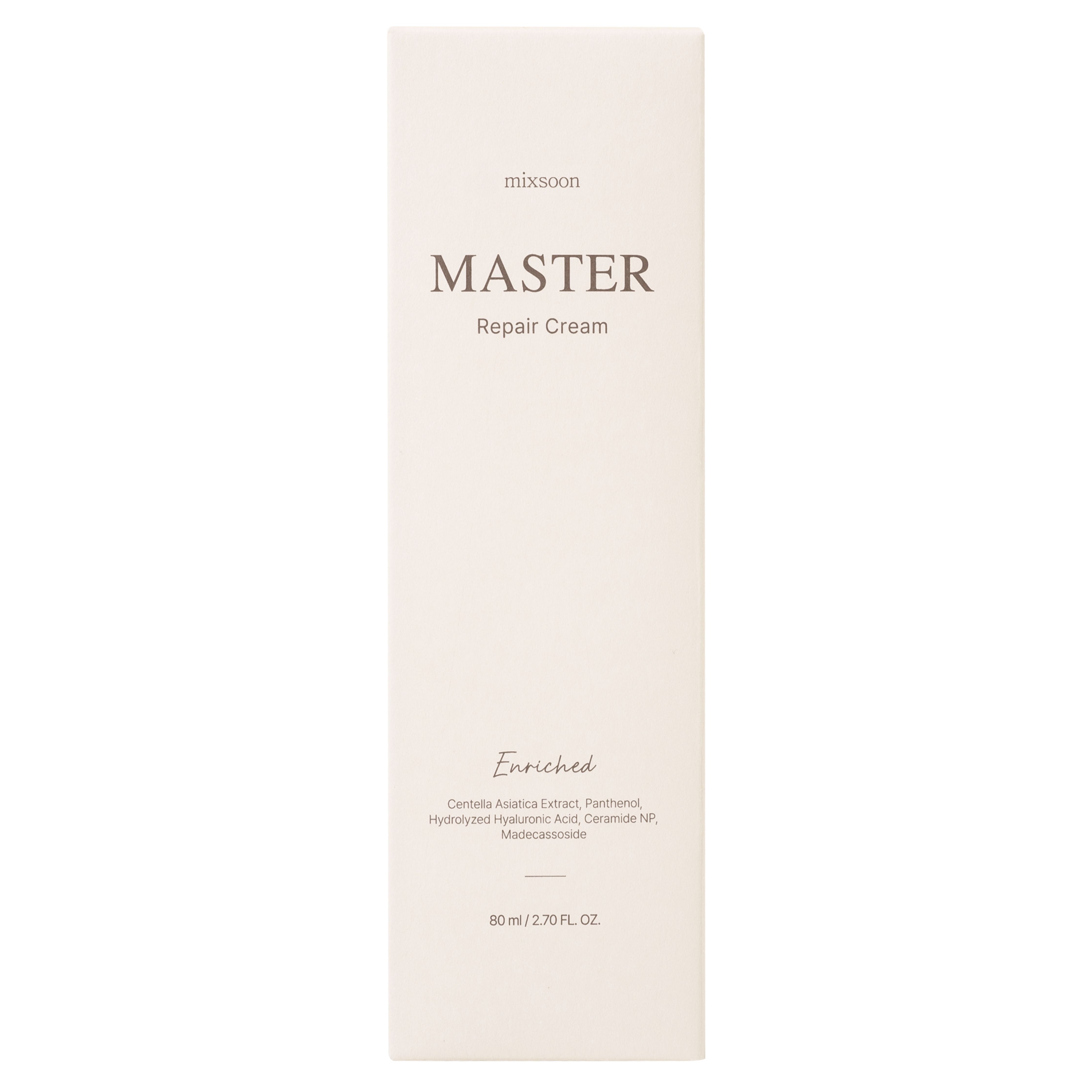 Verpackung von MASTER Repair Cream Enriched. Rechteckige, weiße Verpackung mit Produktnamen und Inhaltsstoffen.