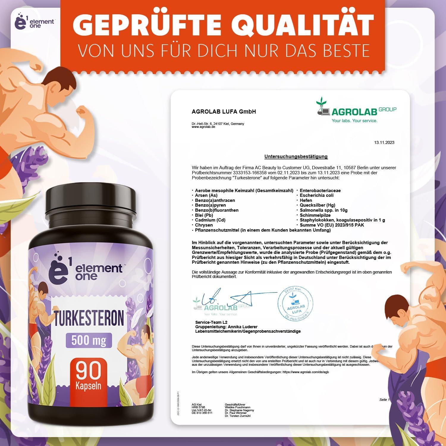 Schwarze Flasche mit Kapseln. Aufschrift: Turkesteron 500 mg, 90 Kapseln. Zertifikat von Agrolab LUFA GmbH.
