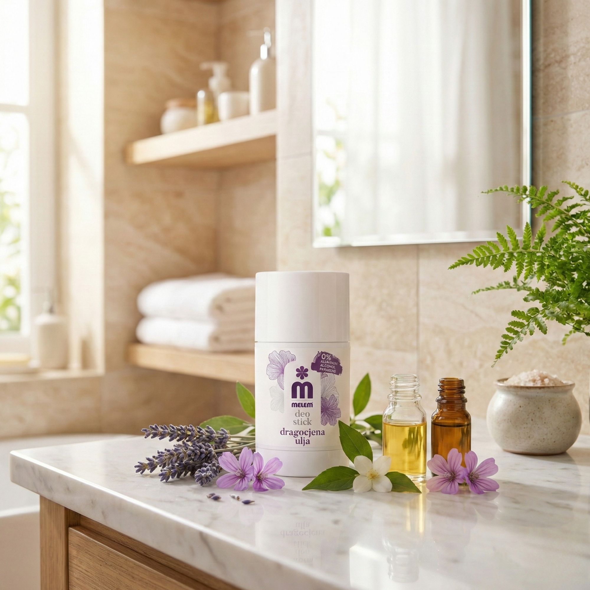 Weißer Deo-Stick mit lila Blütenmotiv. Auf einer Marmoroberfläche, neben Ölflaschen und Blüten.
