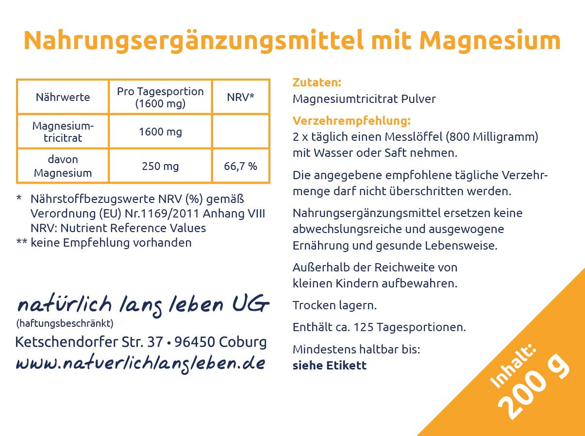 natürlich lang leben Magnesiumtricitrat Pulver 200 g