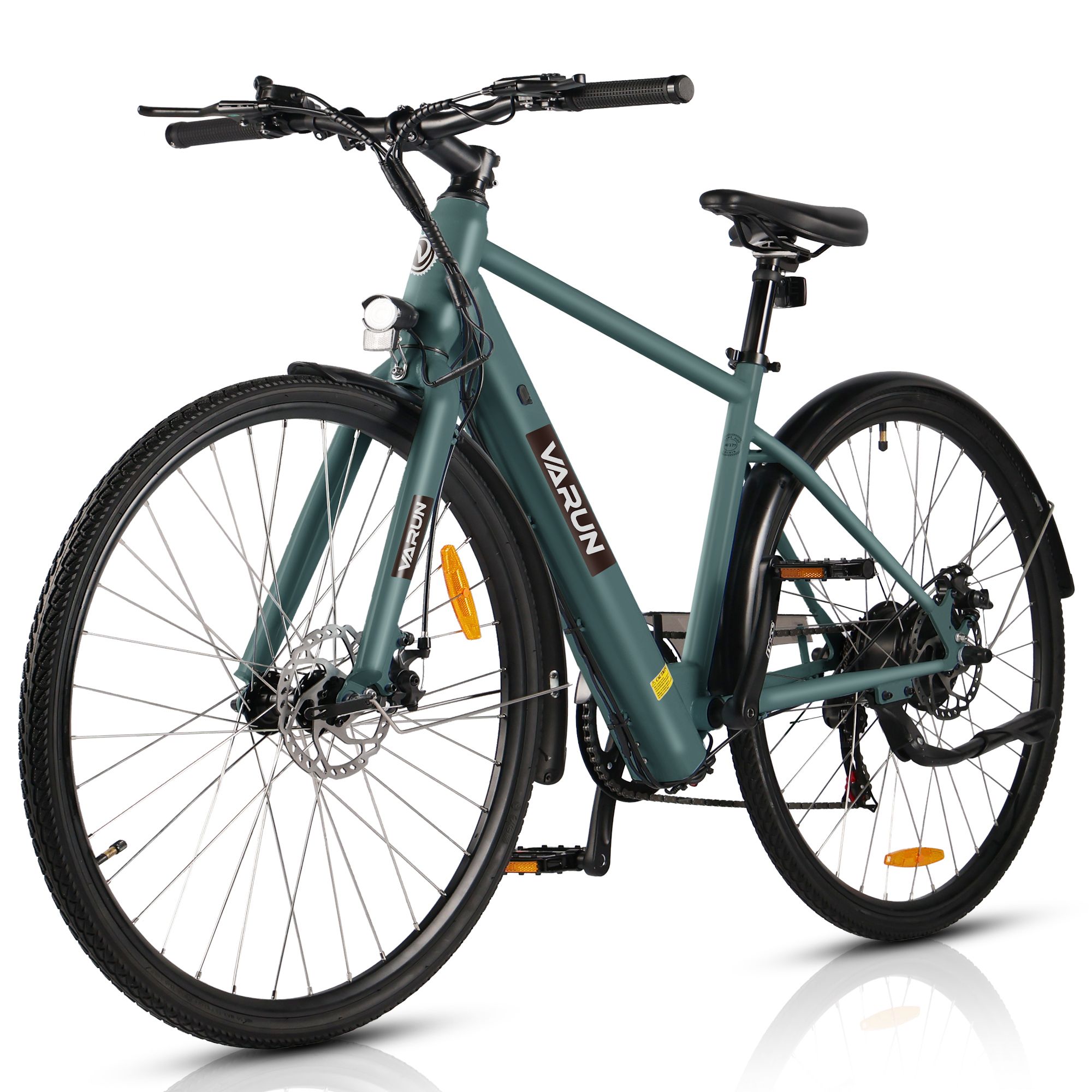 VARUN E-Bike, Gesamtansicht. Grün, mit Schutzblechen, Gepäckträger, Scheinwerfer und Rücklicht. VARUN-Logo am Rahmen.
