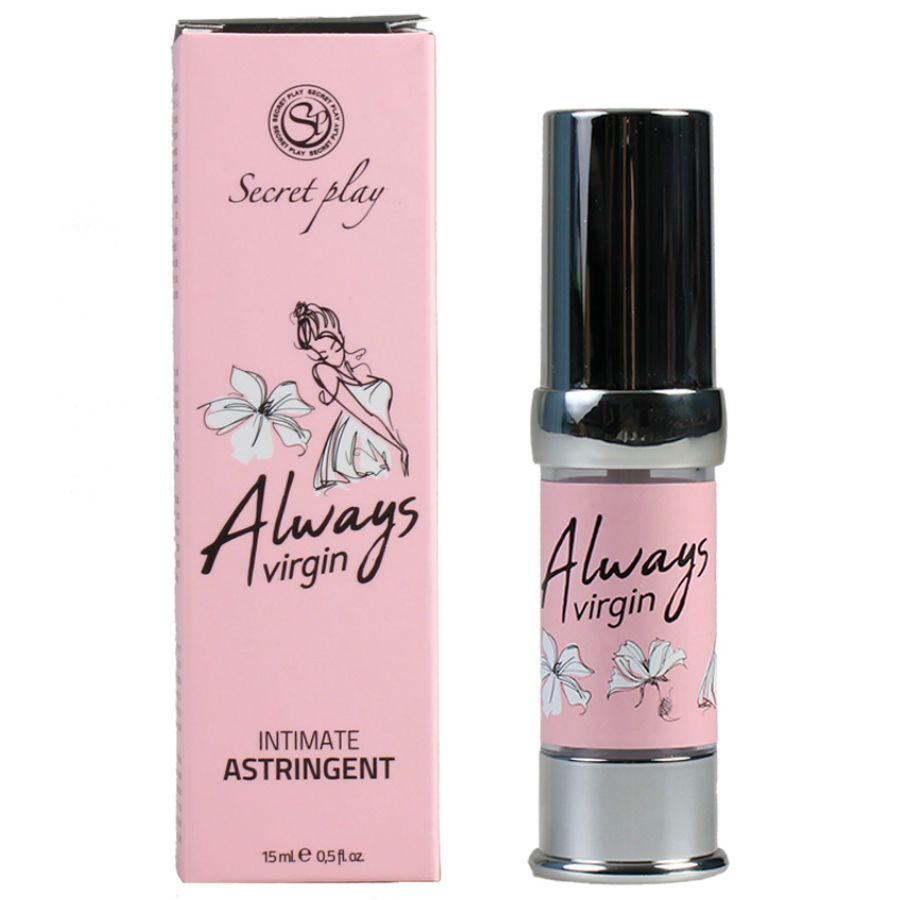 Rosa Flasche und Schachtel. Aufschrift: Always virgin, Intimate Astringent. Marke: Secret Play. 15 ml.
