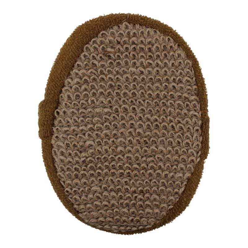 Ovaler, brauner Peeling-Schwamm mit Schlaufe. Mittlere Textur, umrandet von braunem Stoff.
