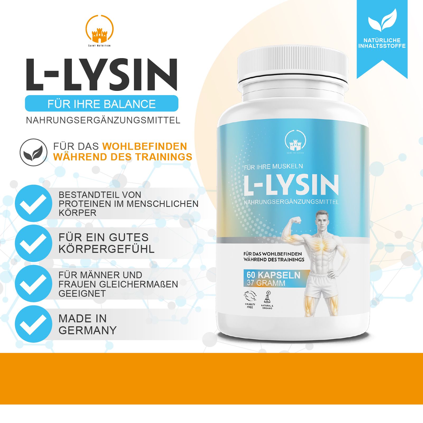 Produktflasche mit L-LYSIN. 60 Kapseln.  Zusätzliche Informationen: Für Ihre Balance, für das Wohlbefinden während des Trainings.