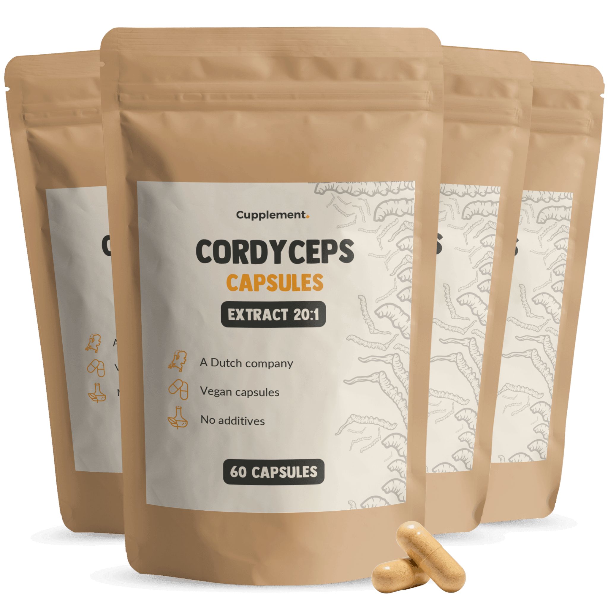 Mehrere Beutel mit Cordyceps-Kapseln. Aufschrift: Cordyceps Capsules Extract 20:1. 60 Kapseln. Zwei Kapseln liegen daneben.
