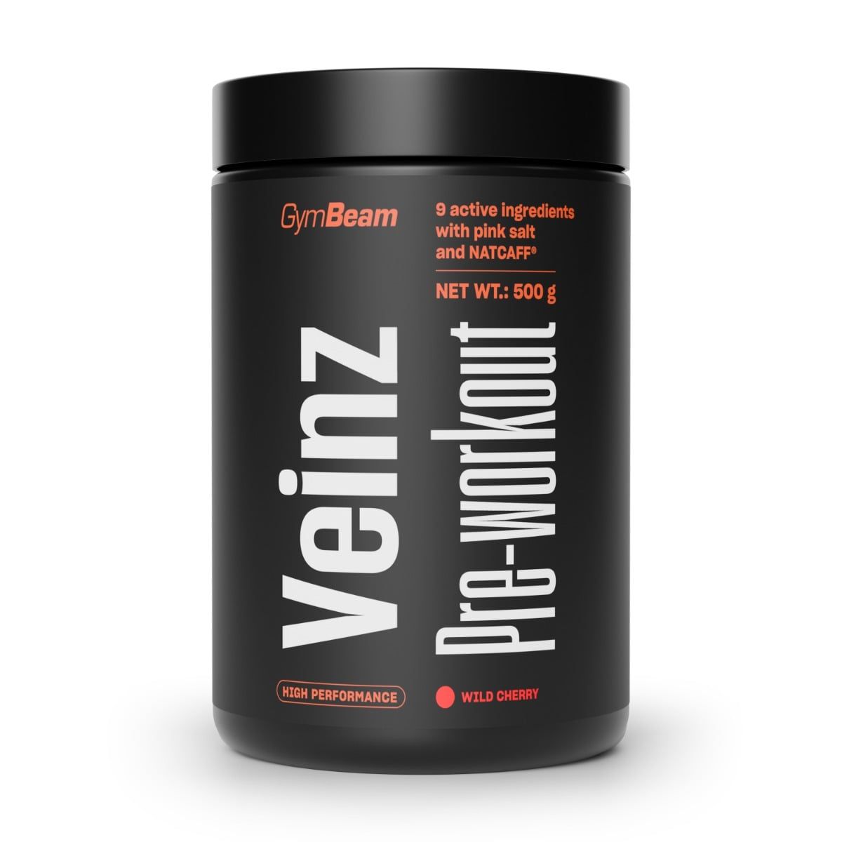 GymBeam Veinz Pre-Workout Pulver in schwarzer Dose, 500g. Enthält NATCAFF® und rosa Salz.