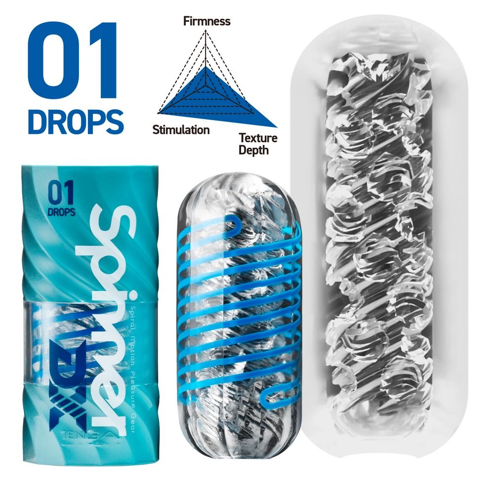Produkt, Verpackung und Innenraum. Produkt transparent mit blauen Spiralen. Verpackung blau mit Text. Innenraum transparent.